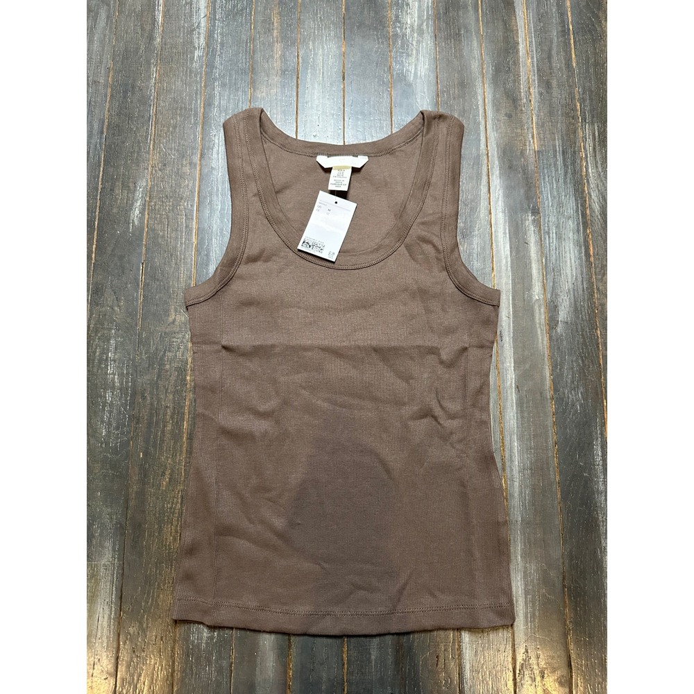 H&M Brown Ribbed Tank Top Scoop Neck Cotton Blend Basic Sleeveless Shirt